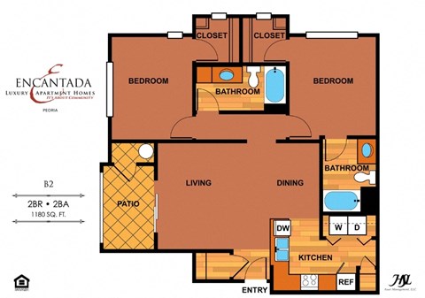 Floor plan for 2 beds, 2 baths, 1091 sqft